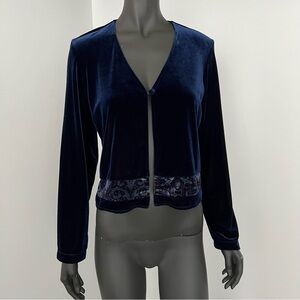 156. VTG Rabbit Designs Velour Cardigan – Paisley Trim – Navy Blue – Size 12